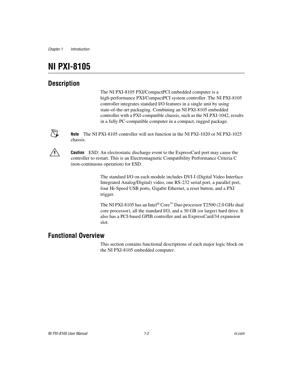 Ni pxi-8105, Description, Functional overview | Ni pxi-8105 -2, Description -2 functional overview -2 | National Instruments PXI NI PXI-8105 User Manual | Page 10 / 73