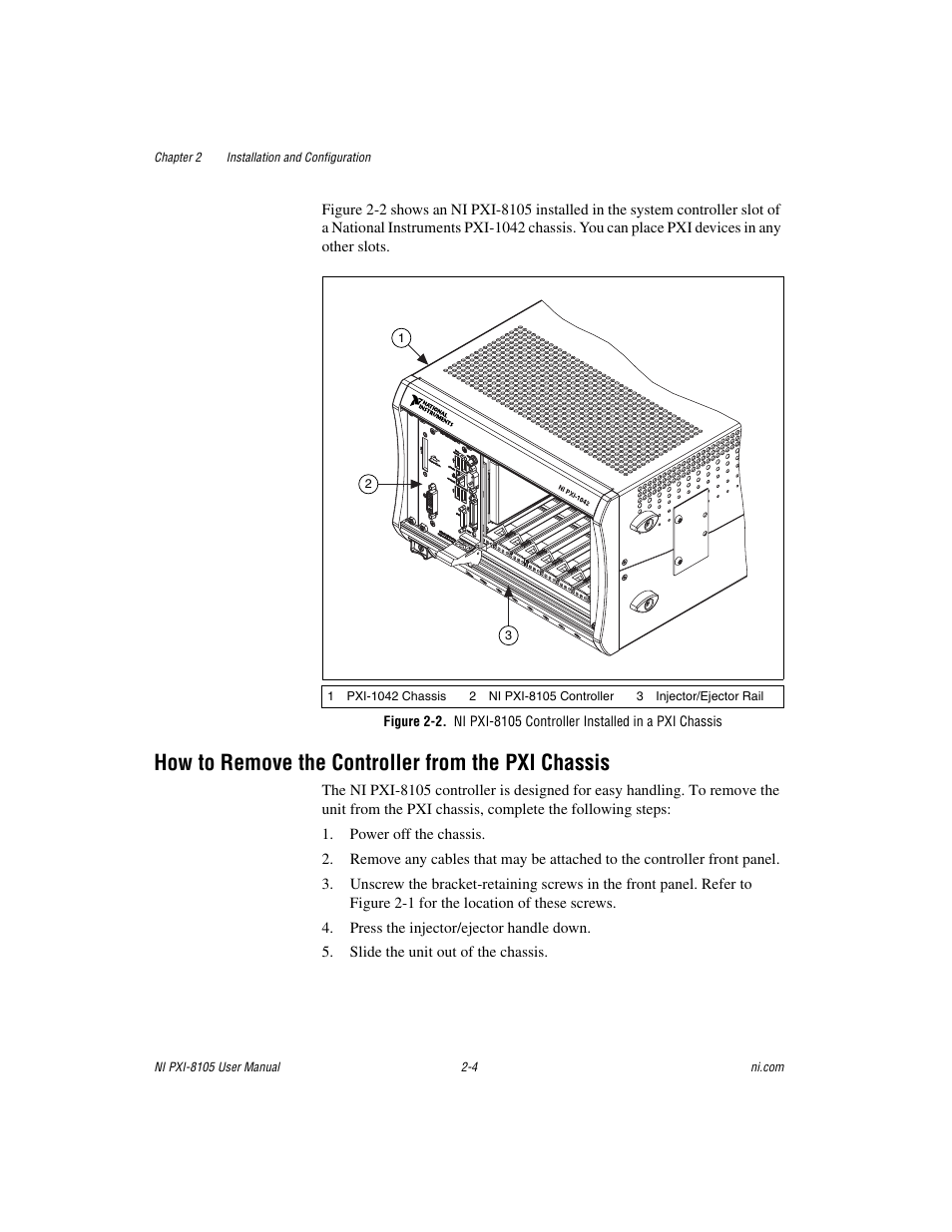 How to remove the controller from the pxi chassis | National Instruments PXI NI PXI-8105 User Manual | Page 18 / 73