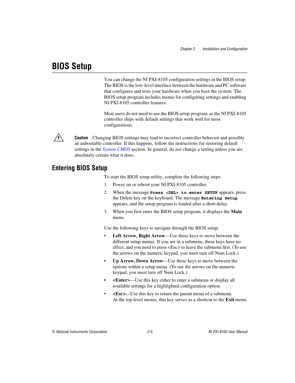 Bios setup, Entering bios setup, Bios setup -5 | Entering bios setup -5 | National Instruments PXI NI PXI-8105 User Manual | Page 19 / 73