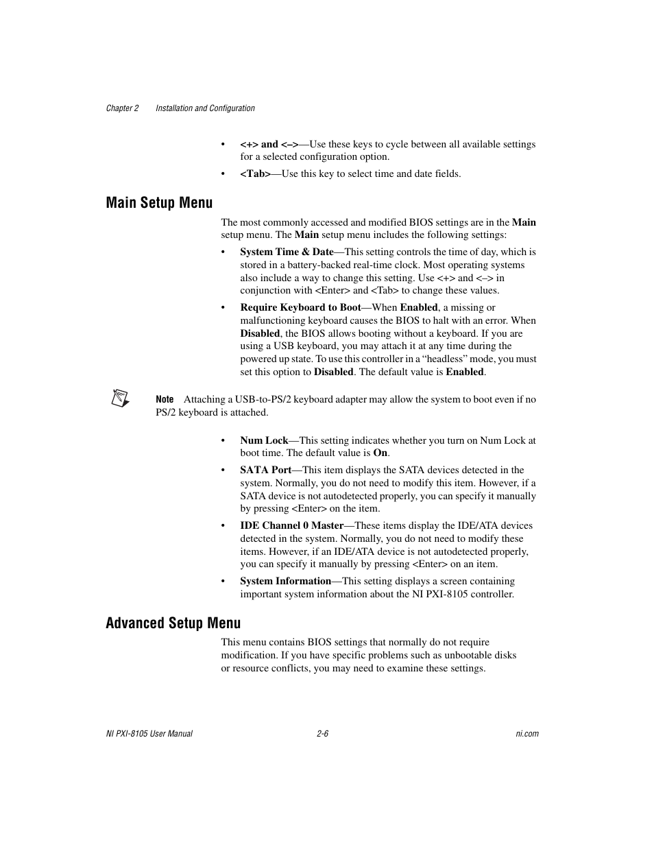 Main setup menu, Advanced setup menu, Main setup menu -6 advanced setup menu -6 | National Instruments PXI NI PXI-8105 User Manual | Page 20 / 73