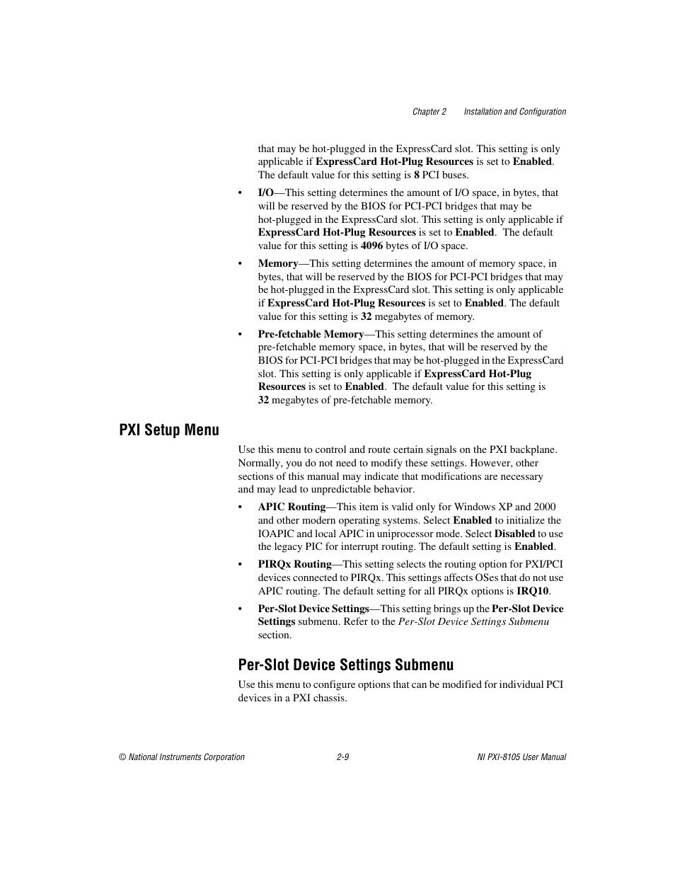 Pxi setup menu, Per-slot device settings submenu, Pxi setup menu -9 | National Instruments PXI NI PXI-8105 User Manual | Page 23 / 73