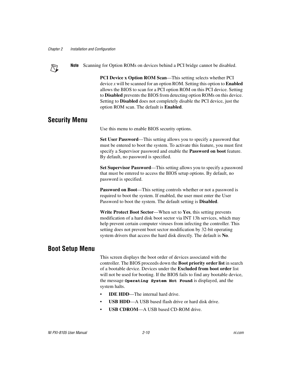 Security menu, Boot setup menu, Security menu -10 boot setup menu -10 | National Instruments PXI NI PXI-8105 User Manual | Page 24 / 73