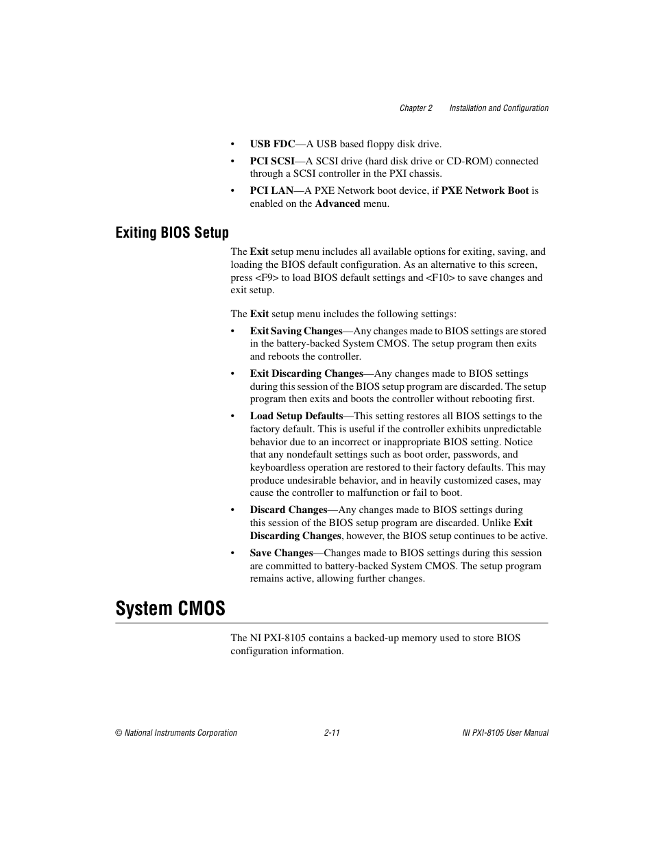 Exiting bios setup, System cmos, Exiting bios setup -11 | System cmos -11, Sect | National Instruments PXI NI PXI-8105 User Manual | Page 25 / 73