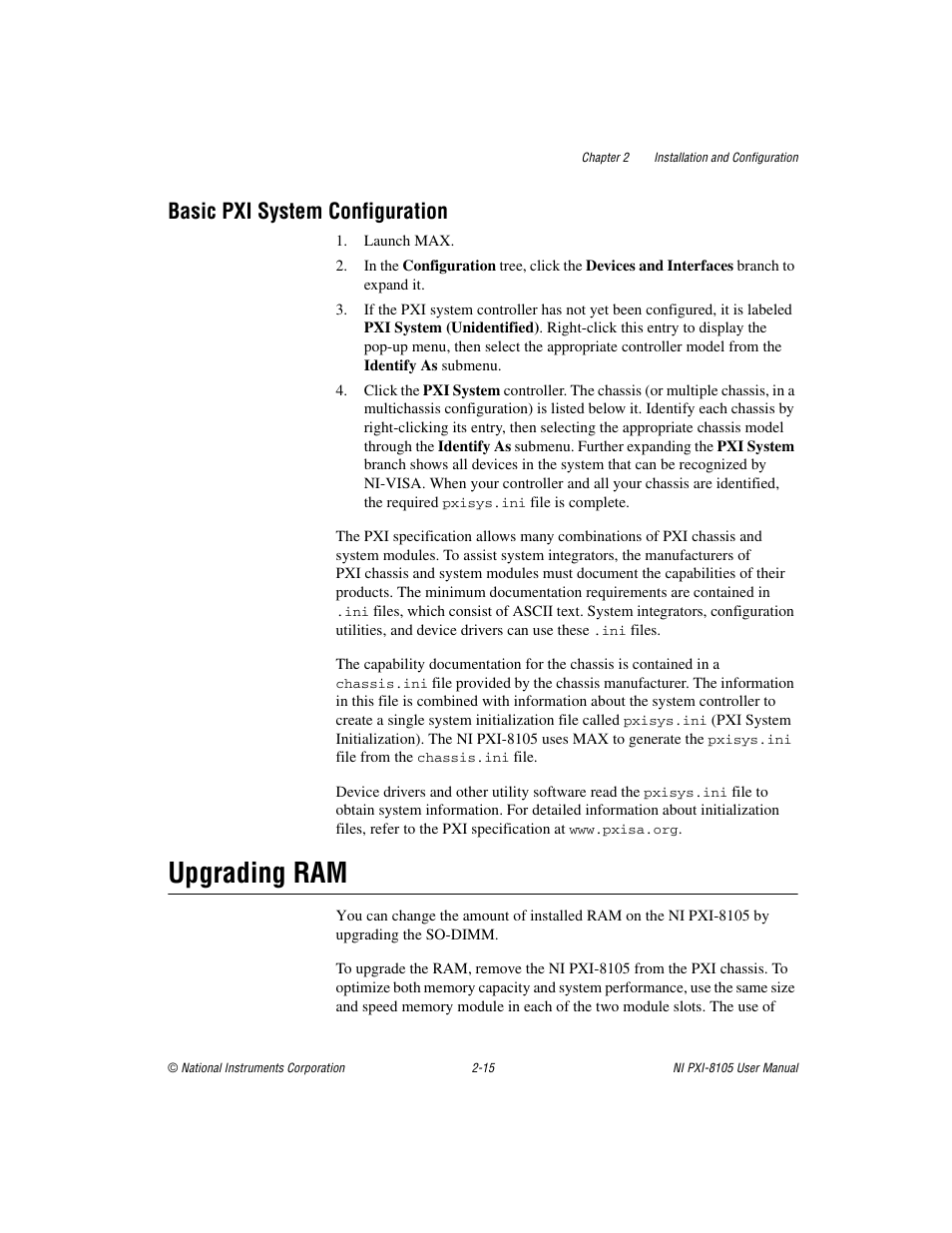 Basic pxi system configuration, Upgrading ram, Basic pxi system configuration -15 | Upgrading ram -15 | National Instruments PXI NI PXI-8105 User Manual | Page 29 / 73