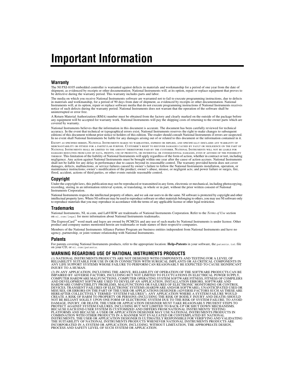 Important information, Warranty, Copyright | Trademarks, Patents | National Instruments PXI NI PXI-8105 User Manual | Page 3 / 73