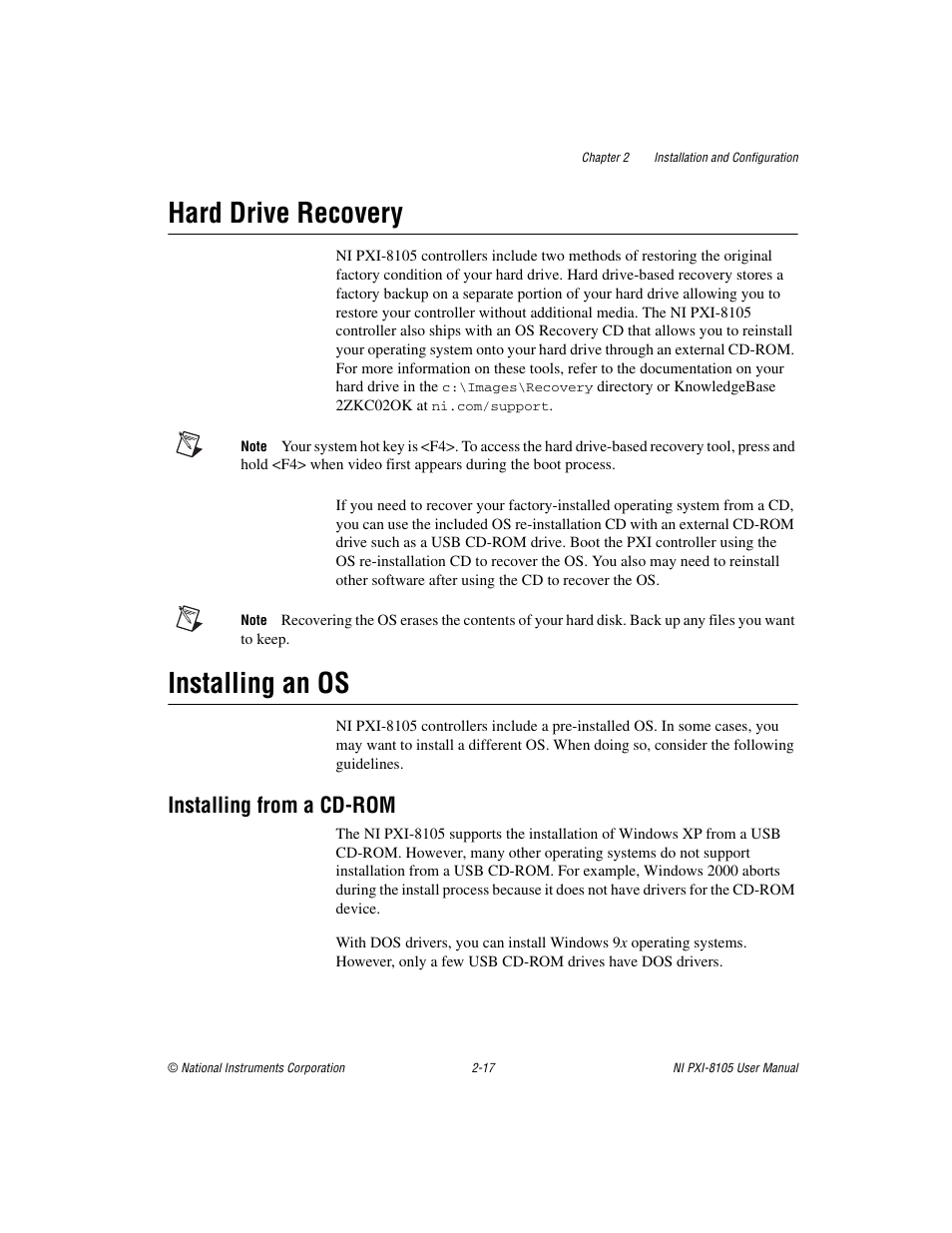 Hard drive recovery, Installing an os, Installing from a cd-rom | Hard drive recovery -17 installing an os -17, Installing from a cd-rom -17 | National Instruments PXI NI PXI-8105 User Manual | Page 31 / 73