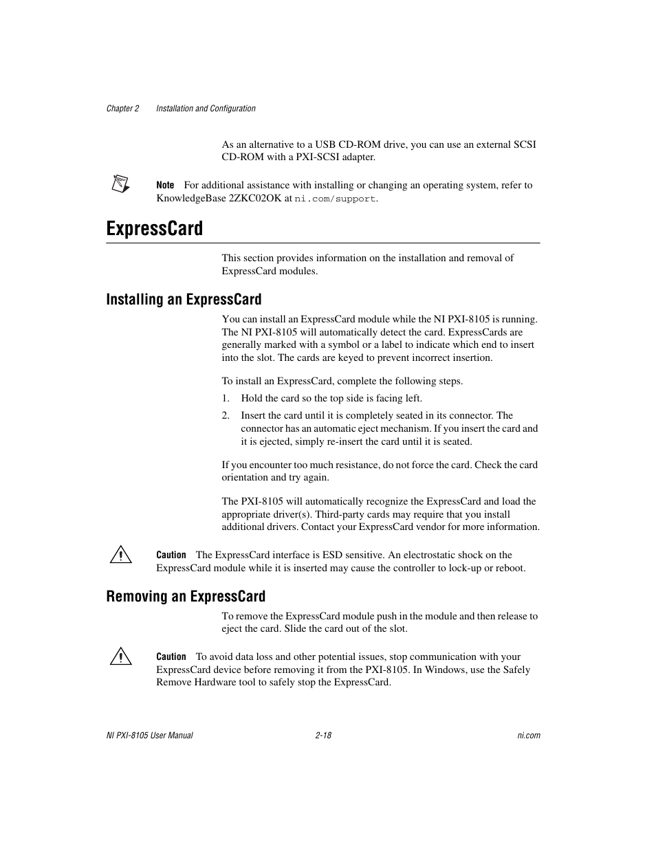 Expresscard, Installing an expresscard, Removing an expresscard | Expresscard -18 | National Instruments PXI NI PXI-8105 User Manual | Page 32 / 73