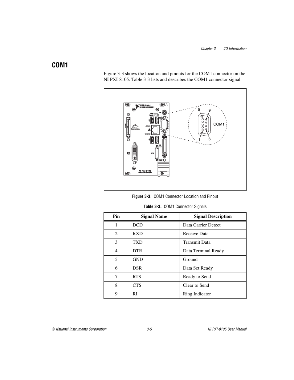 Com1, Figure 3-3. com1 connector location and pinout, Table 3-3. com1 connector signals | Com1 -5 | National Instruments PXI NI PXI-8105 User Manual | Page 37 / 73