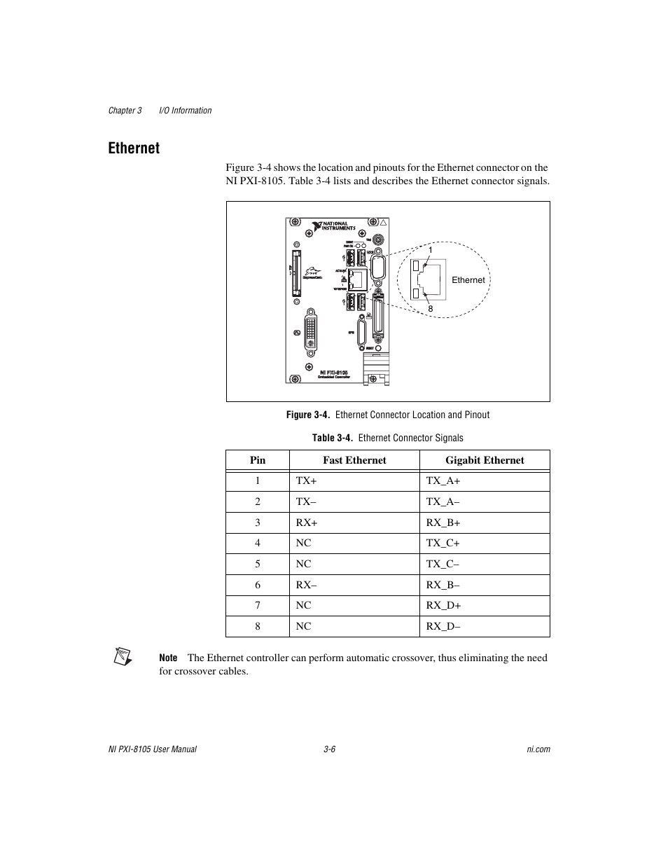 Ethernet, Figure 3-4. ethernet connector location and pinout, Table 3-4. ethernet connector signals | Ethernet -6 | National Instruments PXI NI PXI-8105 User Manual | Page 38 / 73