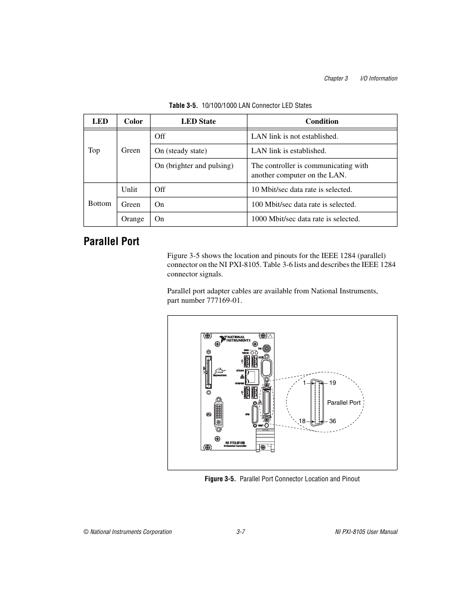 Table 3-5. 10/100/1000 lan connector led states, Parallel port, Parallel port -7 | National Instruments PXI NI PXI-8105 User Manual | Page 39 / 73