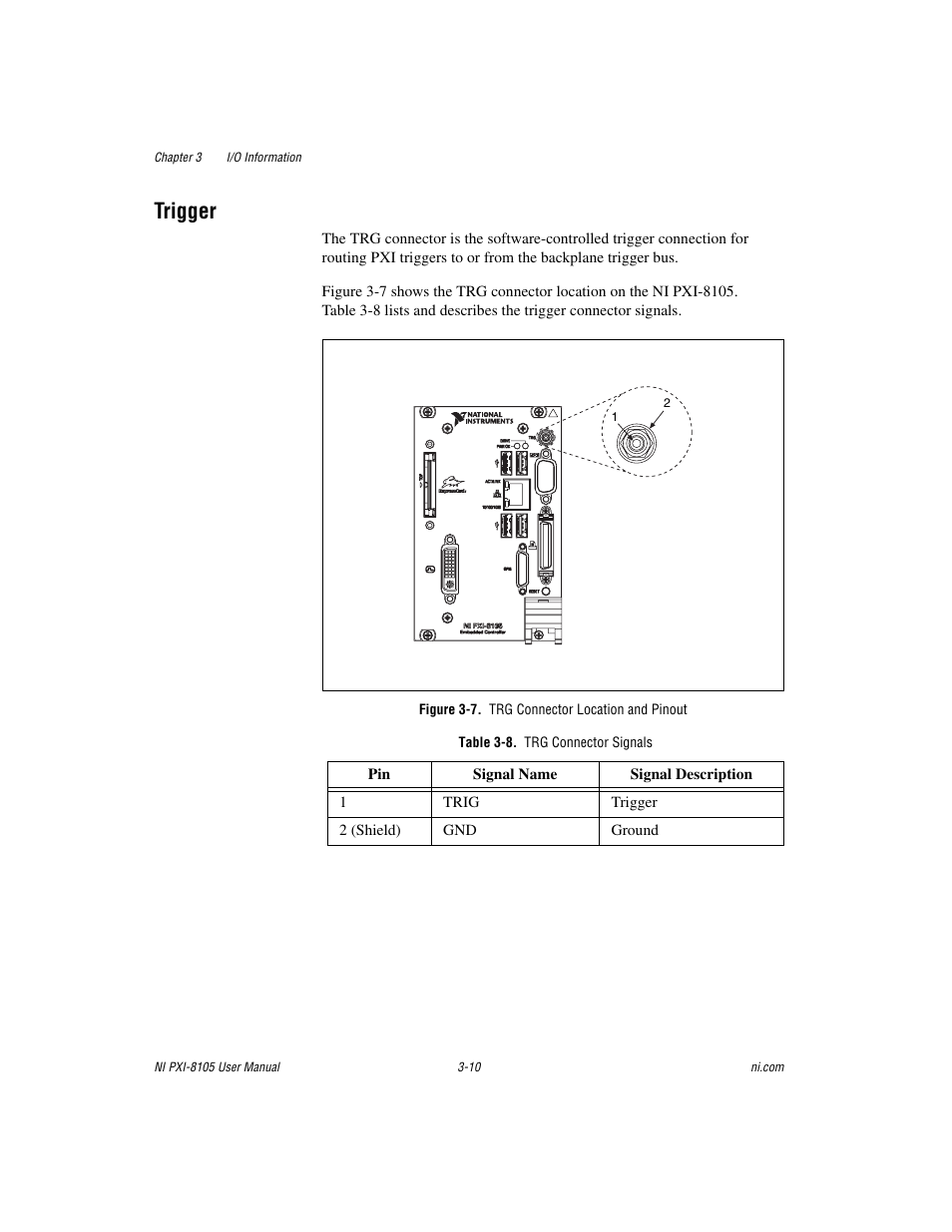 Trigger, Figure 3-7. trg connector location and pinout, Table 3-8. trg connector signals | Trigger -10 | National Instruments PXI NI PXI-8105 User Manual | Page 42 / 73