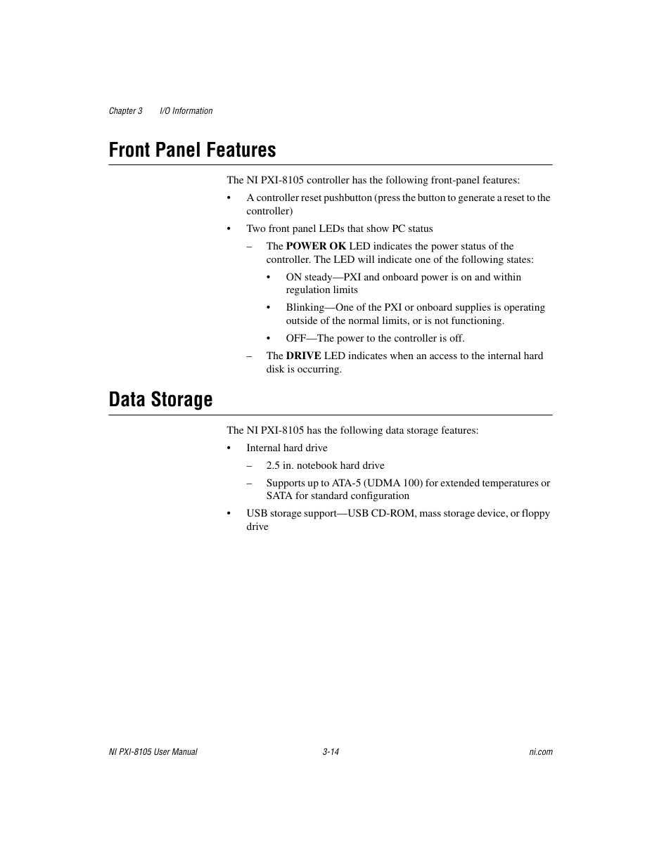 Front panel features, Data storage, Front panel features -14 data storage -14 | National Instruments PXI NI PXI-8105 User Manual | Page 46 / 73