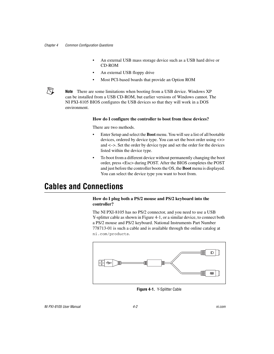 Cables and connections, Figure 4-1. y-splitter cable, Cables and connections -2 | Gure 4-1, Y-splitter cable | National Instruments PXI NI PXI-8105 User Manual | Page 48 / 73