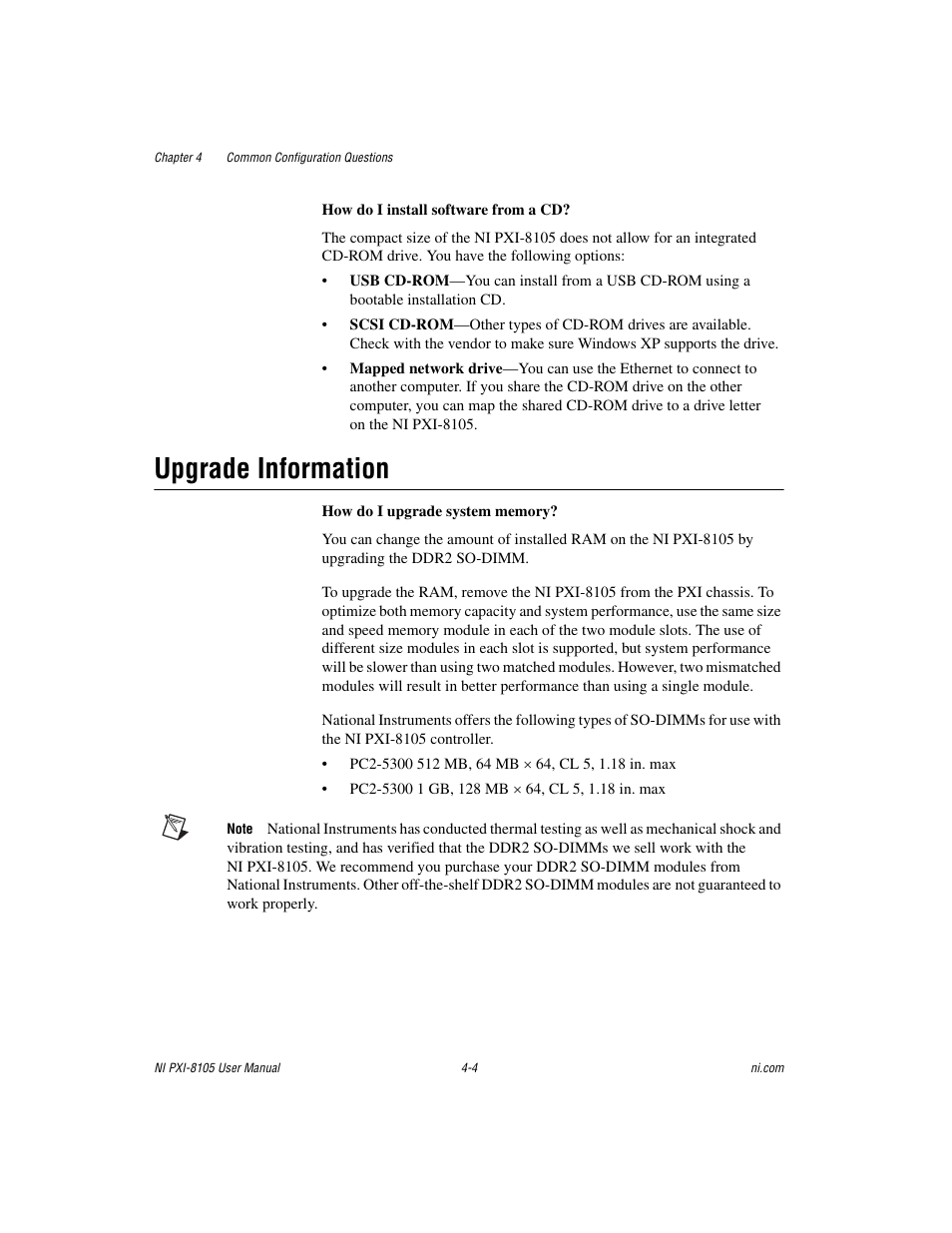 Upgrade information, Upgrade information -4 | National Instruments PXI NI PXI-8105 User Manual | Page 50 / 73