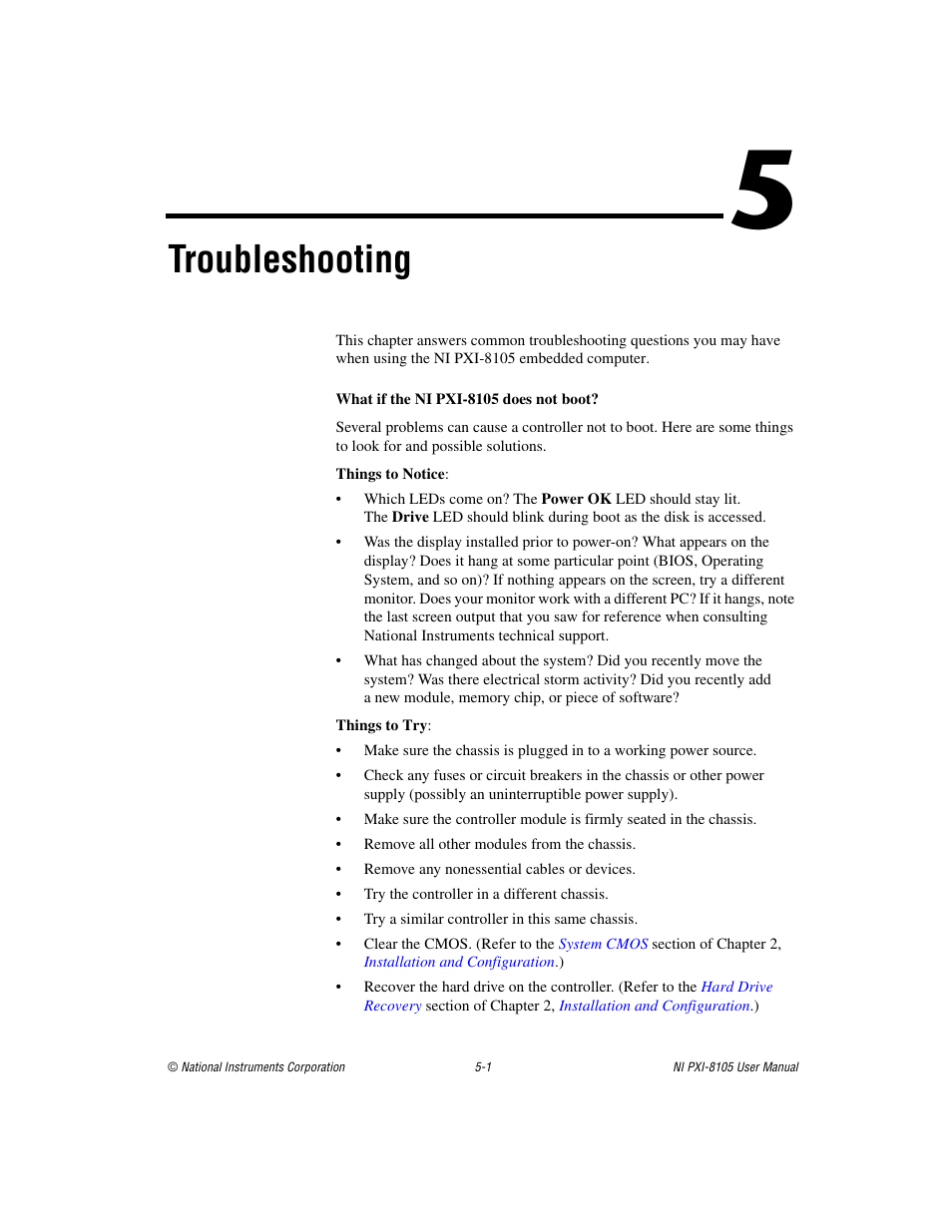 Chapter 5 troubleshooting, What if the ni pxi-8105 does not boot, Secti | Troubleshooting | National Instruments PXI NI PXI-8105 User Manual | Page 53 / 73