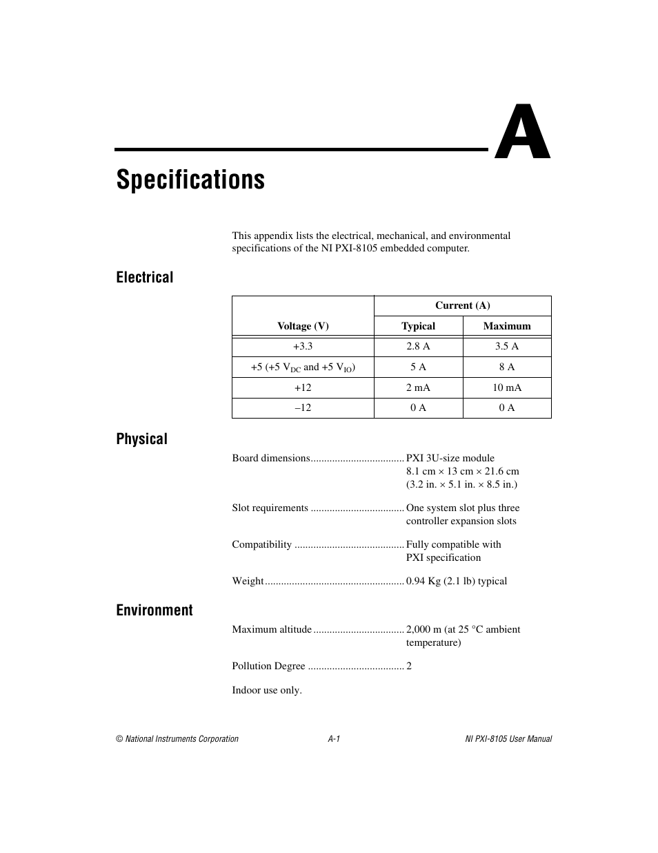 Appendix a specifications, Specifications | National Instruments PXI NI PXI-8105 User Manual | Page 56 / 73