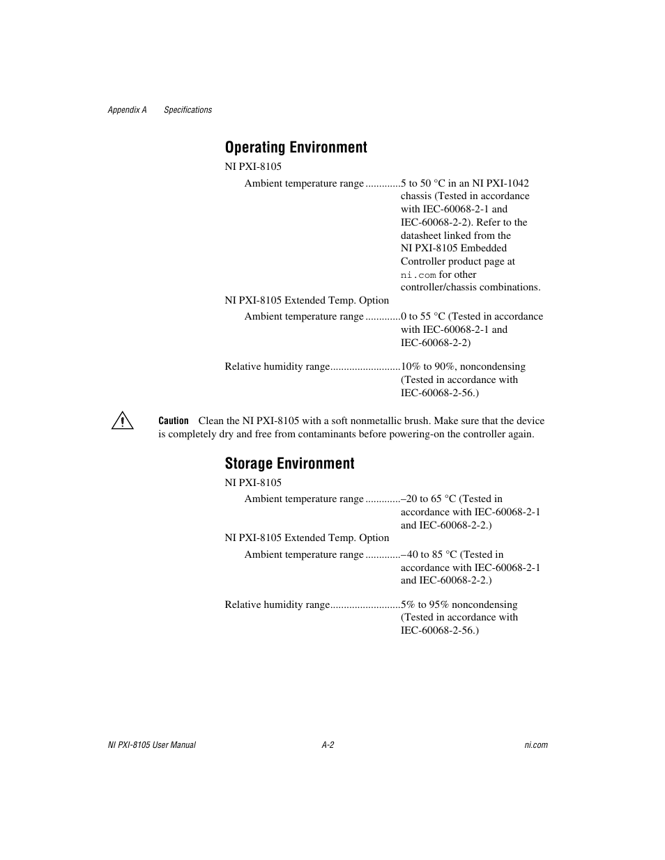 Operating environment, Storage environment | National Instruments PXI NI PXI-8105 User Manual | Page 57 / 73