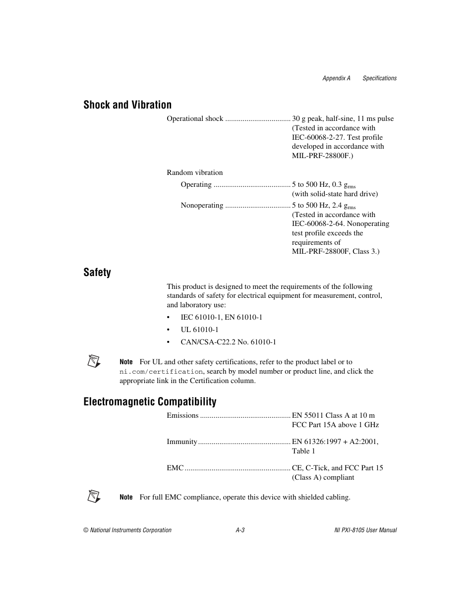 Shock and vibration, Safety, Electromagnetic compatibility | National Instruments PXI NI PXI-8105 User Manual | Page 58 / 73