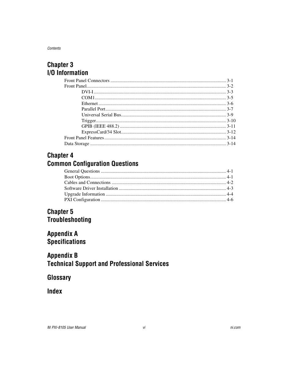 Chapter 3 i/o information, Chapter 4 common configuration questions | National Instruments PXI NI PXI-8105 User Manual | Page 6 / 73