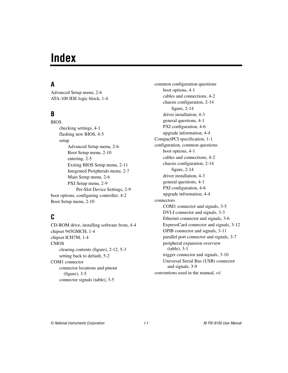 Index | National Instruments PXI NI PXI-8105 User Manual | Page 69 / 73
