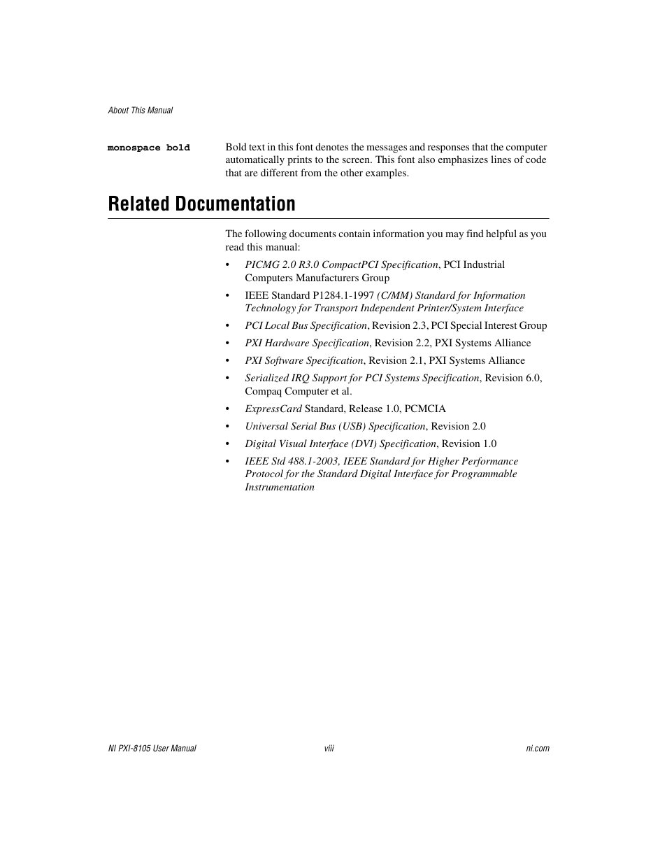 Related documentation | National Instruments PXI NI PXI-8105 User Manual | Page 8 / 73