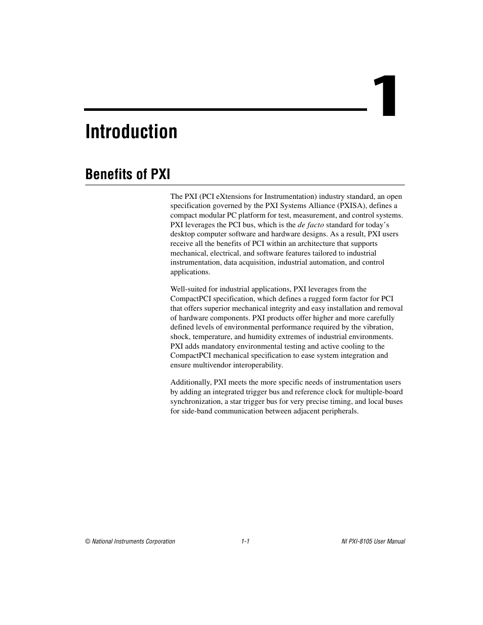 Chapter 1 introduction, Benefits of pxi, Benefits of pxi -1 | Introduction | National Instruments PXI NI PXI-8105 User Manual | Page 9 / 73