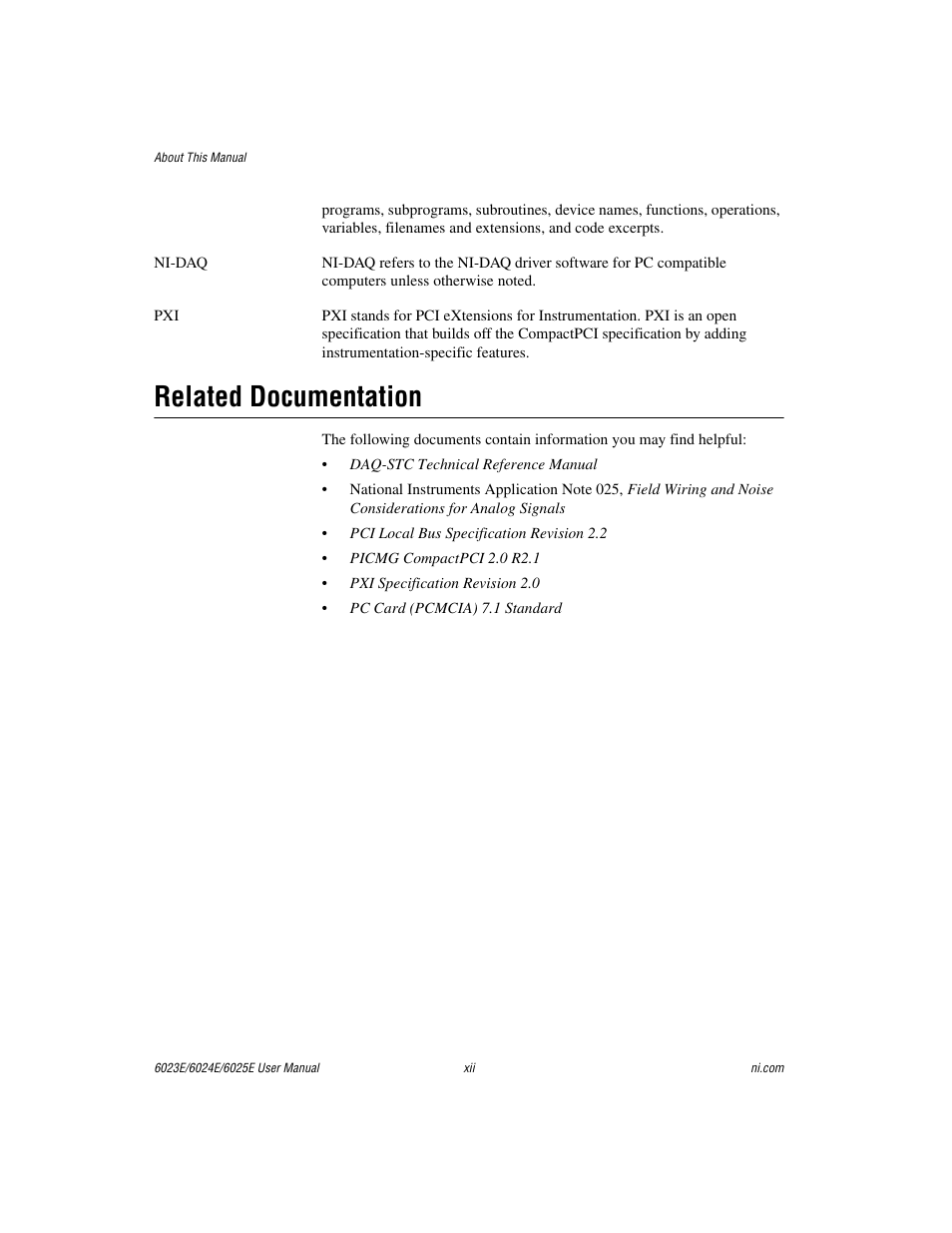 Related documentation | National Instruments 6023E User Manual | Page 10 / 136