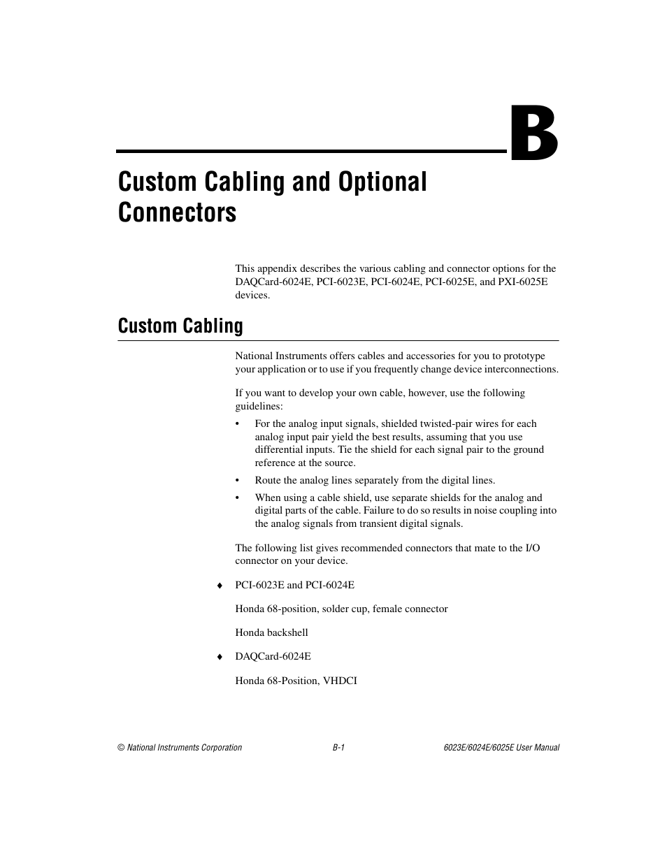 Appendix b custom cabling and optional connectors, Custom cabling and optional connectors, Custom cabling | National Instruments 6023E User Manual | Page 101 / 136