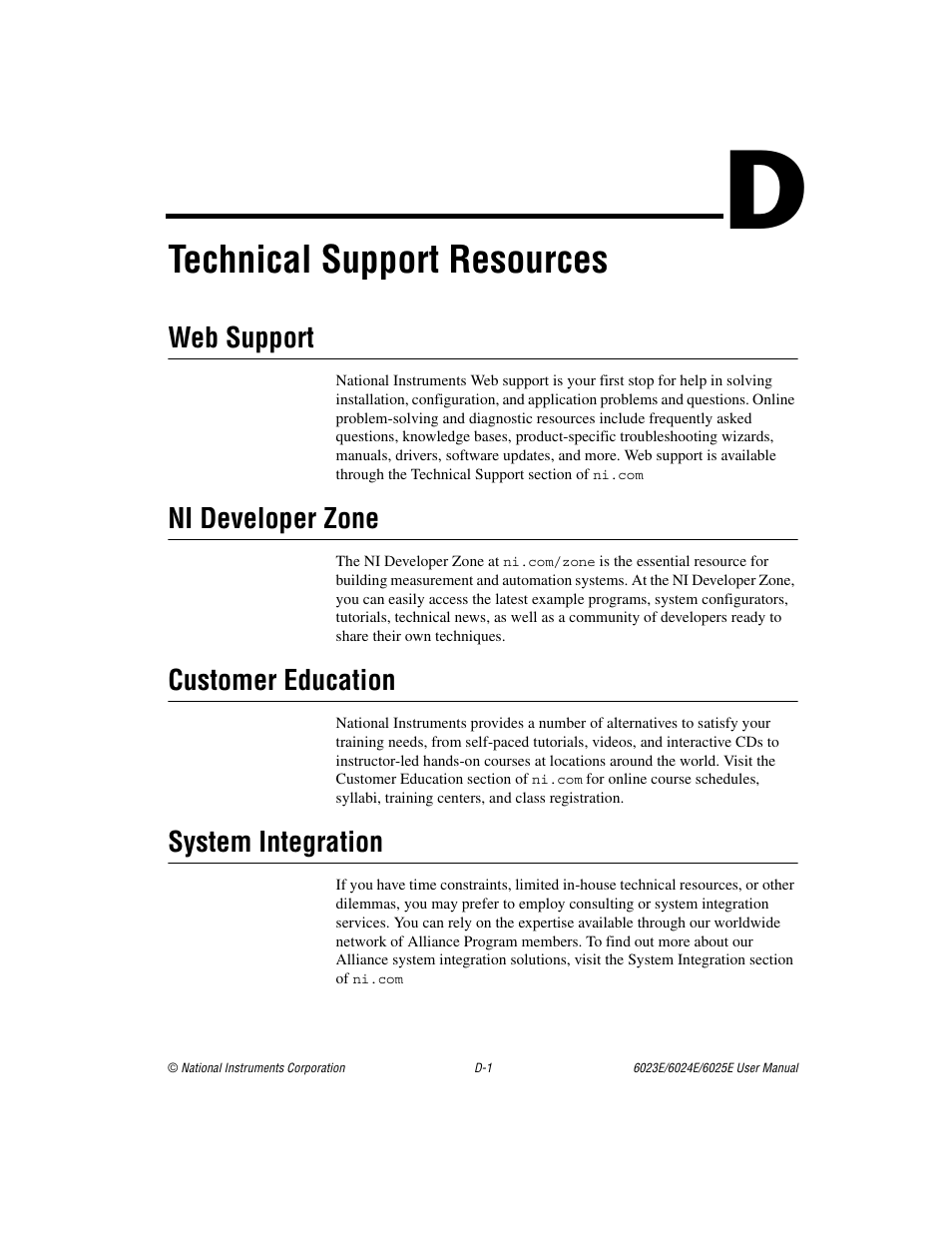 Appendix d technical support resources, Technical support resources, Web support | Ni developer zone, Customer education, System integration | National Instruments 6023E User Manual | Page 112 / 136