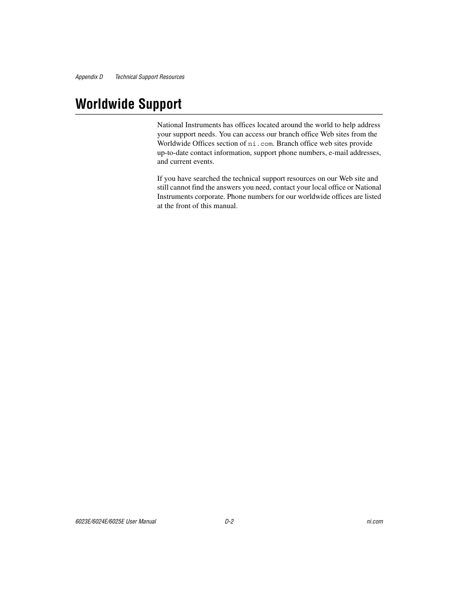 Worldwide support | National Instruments 6023E User Manual | Page 113 / 136