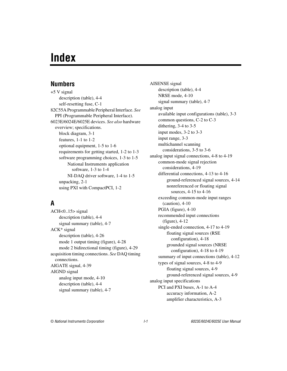 Index, Numbers | National Instruments 6023E User Manual | Page 127 / 136