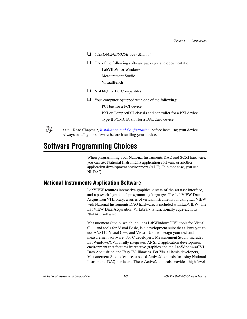 Software programming choices, National instruments application software, Software programming choices -3 | National instruments application software -3 | National Instruments 6023E User Manual | Page 13 / 136