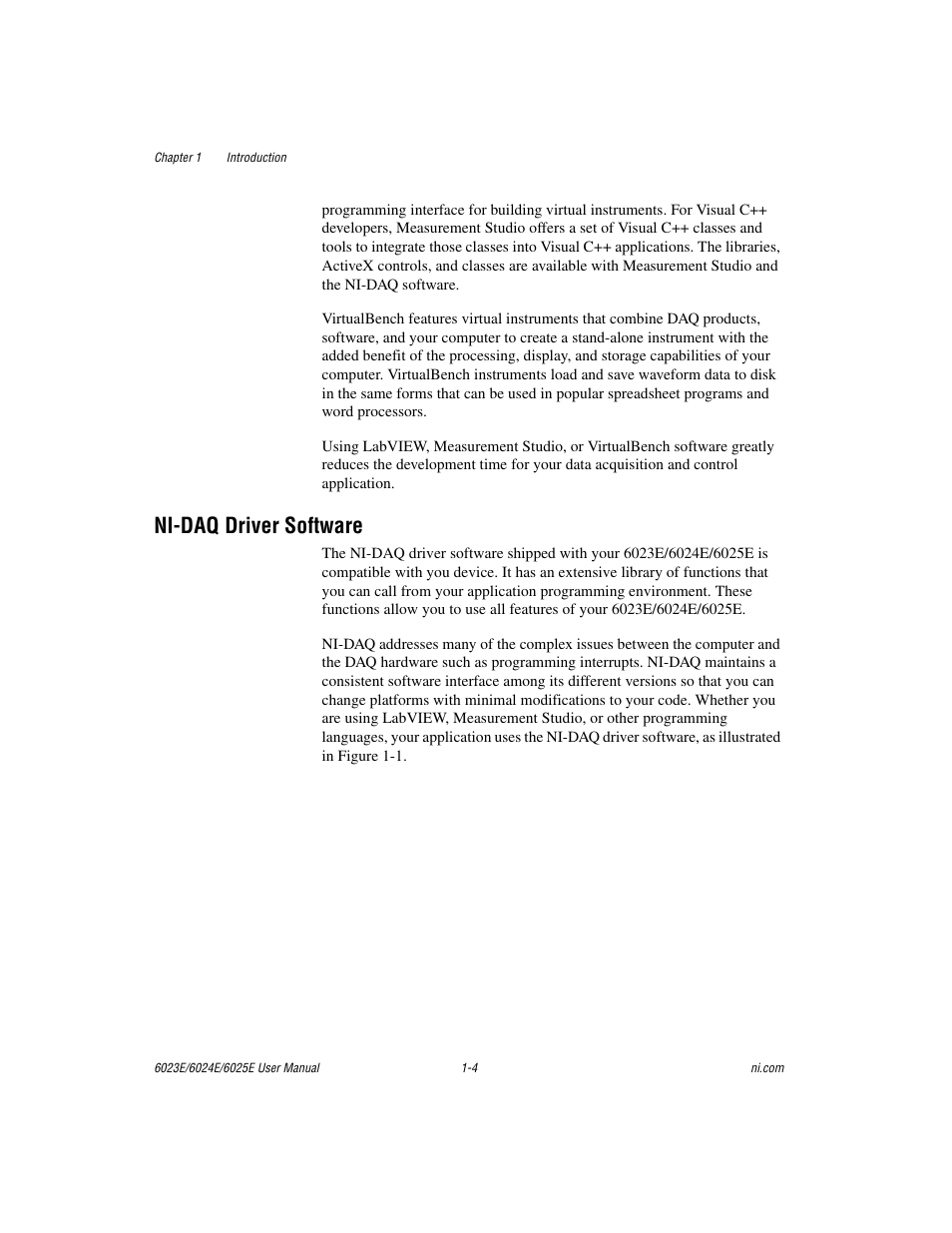 Nidaq driver software, Ni-daq driver software -4, Ni-daq driver software | National Instruments 6023E User Manual | Page 14 / 136