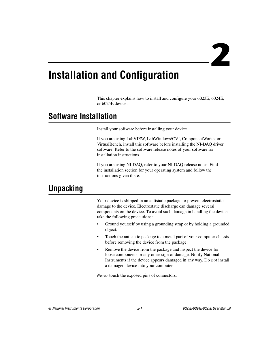 Chapter 2 installation and configuration, Software installation, Unpacking | Software installation -1 unpacking -1, Installation and configuration | National Instruments 6023E User Manual | Page 17 / 136