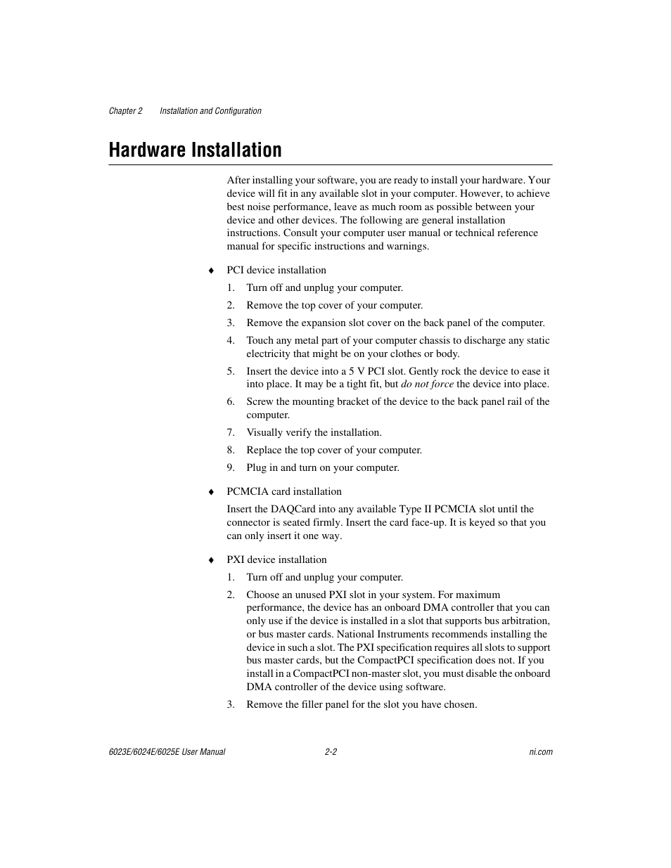 Hardware installation, Hardware installation -2 | National Instruments 6023E User Manual | Page 18 / 136