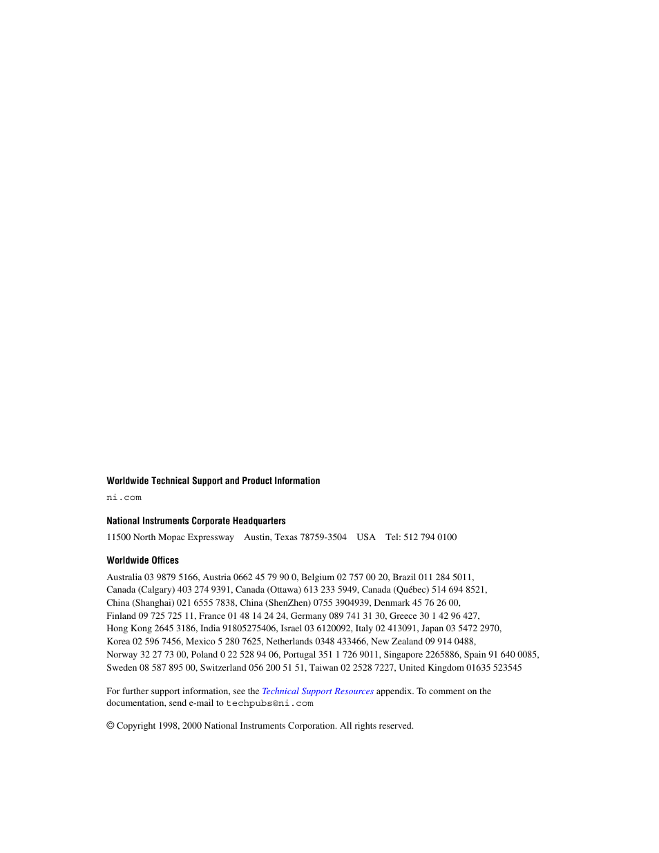 Support, National instruments corporate headquarters, Worldwide offices | National Instruments 6023E User Manual | Page 2 / 136