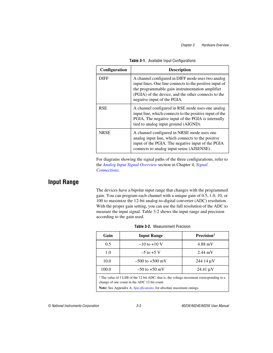 Input range, Table 3-1. available input configurations, Table 3-2. measurement precision | Input range -3, Table 3-1, Available input configurations -3, Table 3-2, Measurement precision -3 | National Instruments 6023E User Manual | Page 22 / 136