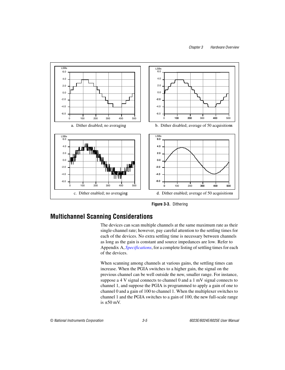 Multichannel scanning considerations, Figure 3-3. dithering, Multichannel scanning considerations -5 | Figure 3-3, Dithering -5, Gure 3-3, Gure 3-3a, E 3-3, D. dither enabled; average of 50 acquisitions | National Instruments 6023E User Manual | Page 24 / 136