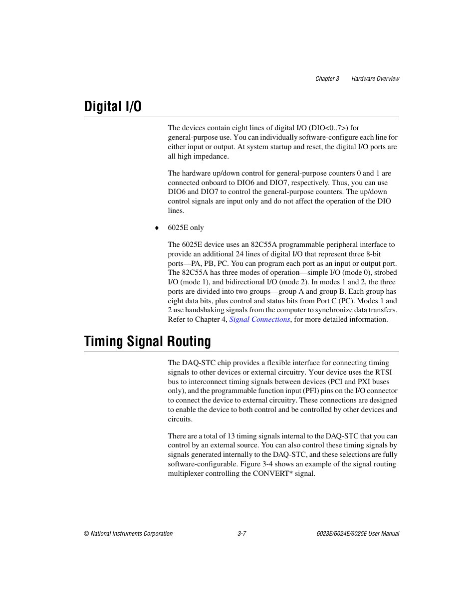 Digital i/o, Timing signal routing, Digital i/o -7 timing signal routing -7 | National Instruments 6023E User Manual | Page 26 / 136