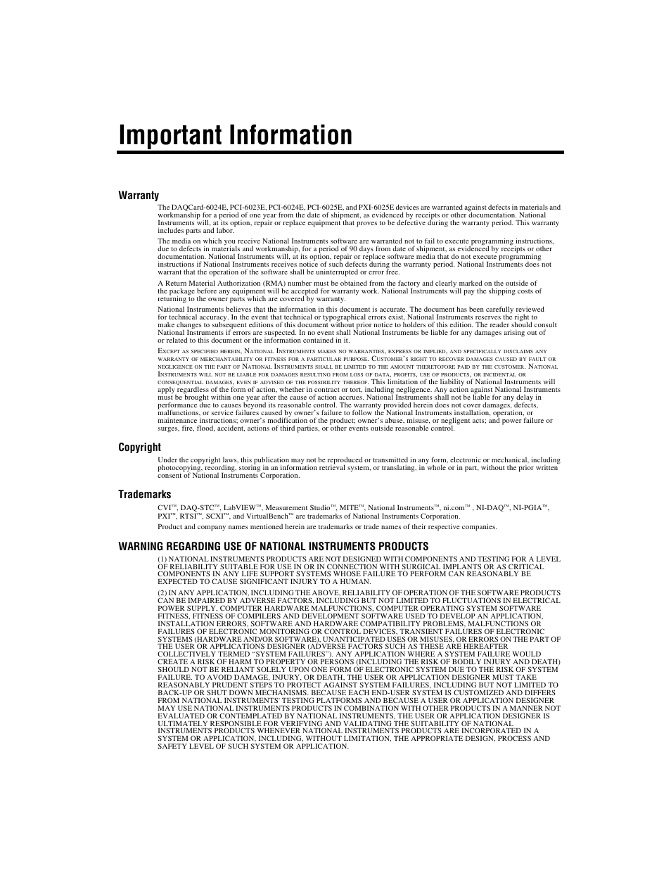 Important information, Warranty, Copyright | Trademarks | National Instruments 6023E User Manual | Page 3 / 136