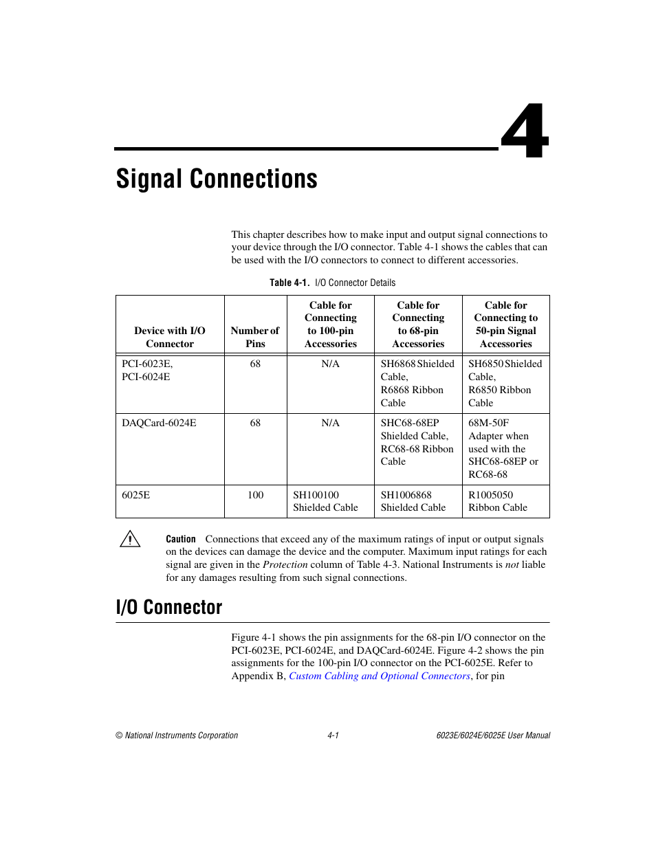 Chapter 4 signal connections, I/o connector, Table 4-1. i/o connector details | I/o connector -1, Table 4-1, I/o connector details -1, Signal, Connections, Signal connections, Er 4 | National Instruments 6023E User Manual | Page 31 / 136