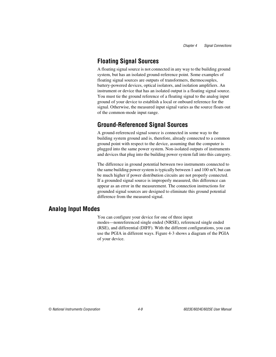 Floating signal sources, Groundreferenced signal sources, Analog input modes | Analog input modes -9, Ground-referenced signal sources | National Instruments 6023E User Manual | Page 39 / 136