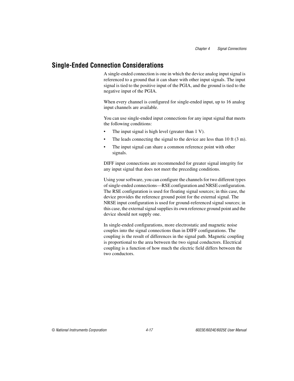 Singleended connection considerations, Single-ended connection considerations -17, Single-ended connection considerations | National Instruments 6023E User Manual | Page 47 / 136