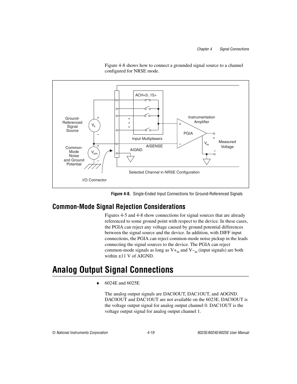 Commonmode signal rejection considerations, Analog output signal connections, Common-mode signal rejection considerations -19 | Analog output signal connections -19, Figure 4-8, Common-mode signal rejection considerations | National Instruments 6023E User Manual | Page 49 / 136