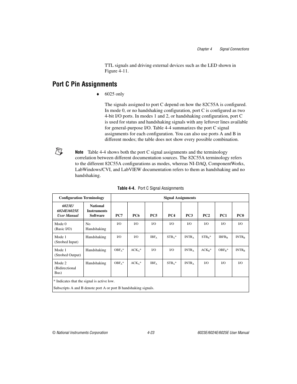 Port c pin assignments, Table 4-4. port c signal assignments, Port c pin assignments -23 | Table 4-4, Port c signal assignments -23 | National Instruments 6023E User Manual | Page 53 / 136