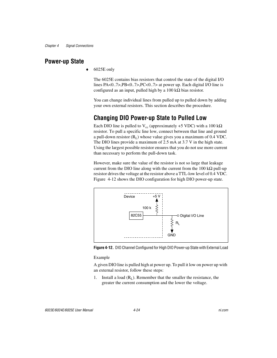 Power-up state, Changing dio power-up state to pulled low, Power-up state -24 | Changing dio power-up state to pulled low -24, Figure 4-12 | National Instruments 6023E User Manual | Page 54 / 136