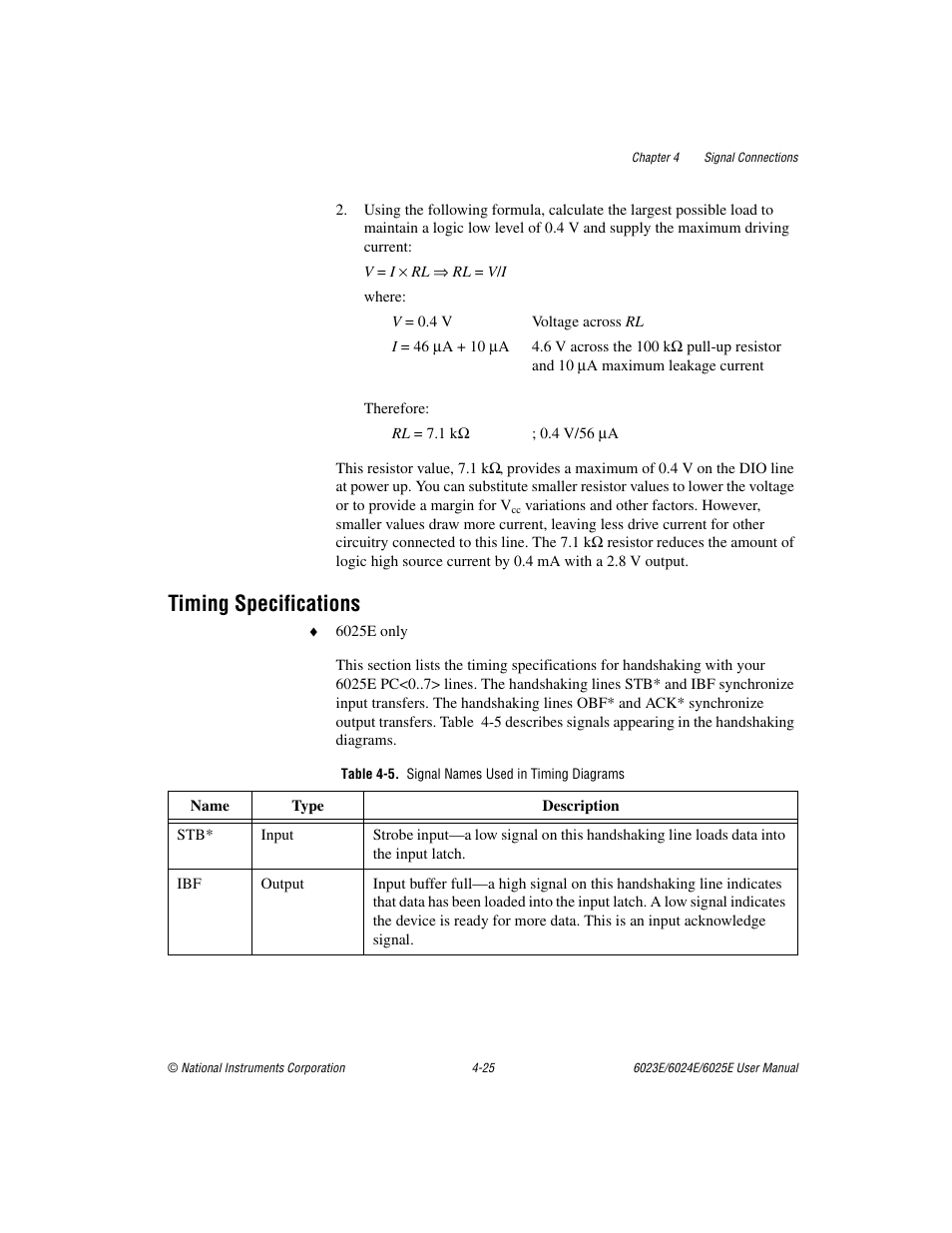 Timing specifications, Table 4-5. signal names used in timing diagrams, Timing specifications -25 | Table 4-5, Signal names used in timing diagrams -25 | National Instruments 6023E User Manual | Page 55 / 136