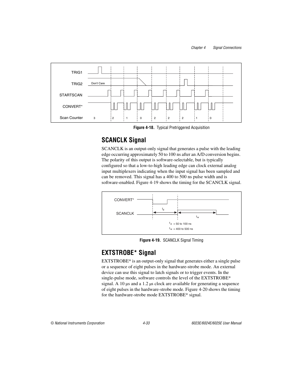 Scanclk signal, Extstrobe* signal, Figure 4-18. typical pretriggered acquisition | Figure 4-19. scanclk signal timing, Scanclk signal -33 extstrobe* signal -33, Figure 4-18, Typical pretriggered acquisition -33, Figure 4-19, Scanclk signal timing -33, S and a 1.2 | National Instruments 6023E User Manual | Page 63 / 136