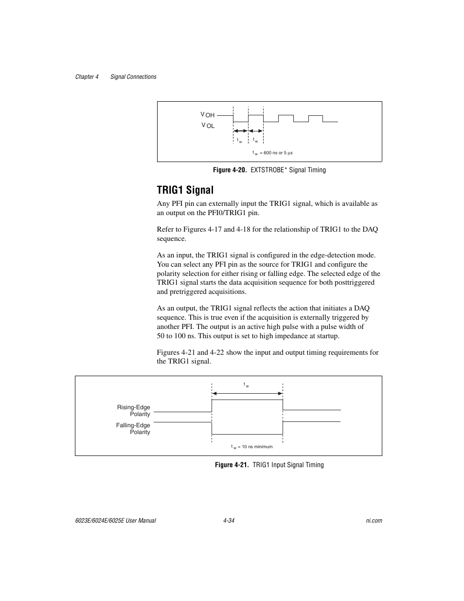 Trig1 signal, Figure 4-20. extstrobe* signal timing, Figure 4-21. trig1 input signal timing | Trig1 signal -34, Figure 4-20, Extstrobe* signal timing -34, Figure 4-21, Trig1 input signal timing -34 | National Instruments 6023E User Manual | Page 64 / 136