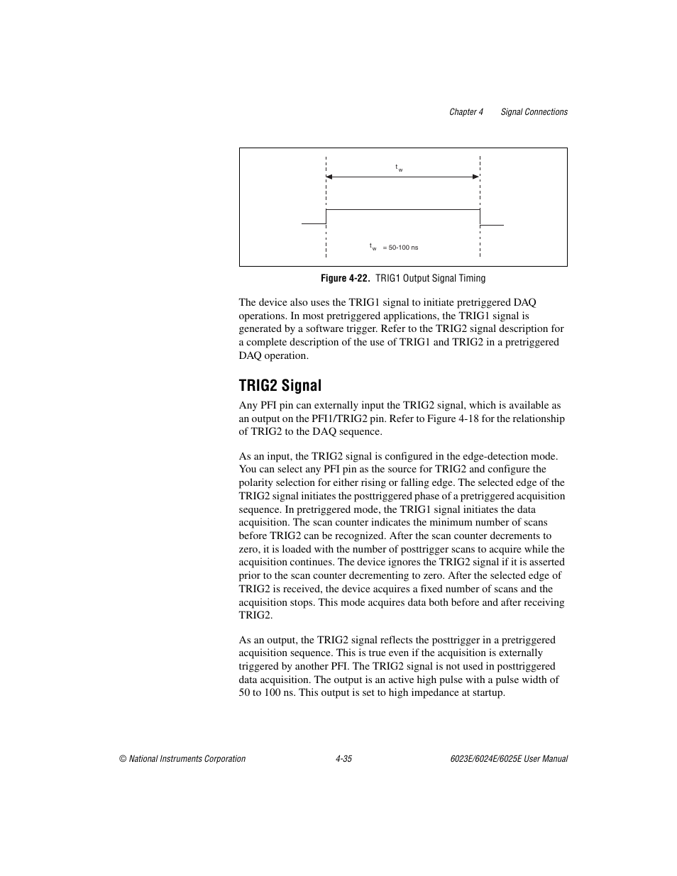 Trig2 signal, Figure 4-22. trig1 output signal timing, Trig2 signal -35 | Figure 4-22, Trig1 output signal timing -35 | National Instruments 6023E User Manual | Page 65 / 136